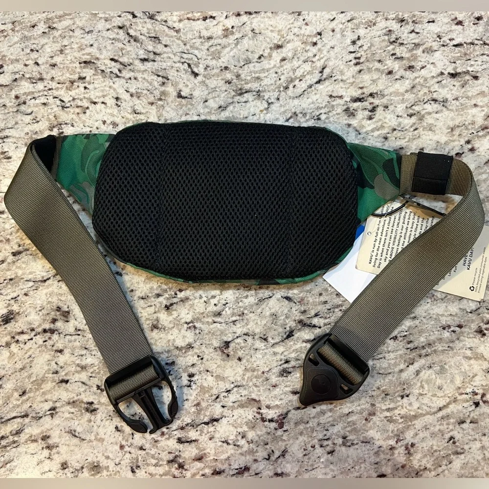 Kavu Green Leaf Print Waist Pack with Tan Strap